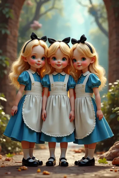  Triplets girls blonde with cute face with black Mary janes dressing like Alice in wonderland 