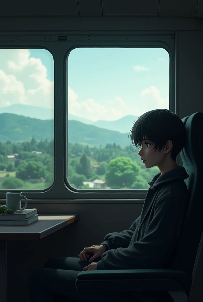 Scene 9: The train continues on its course The train starts moving again, leaving the station behind. In this picture, the protagonist is sitting in his seat, looking out the window, while the landscape shifts. Melancholy is reflected in his expression and...