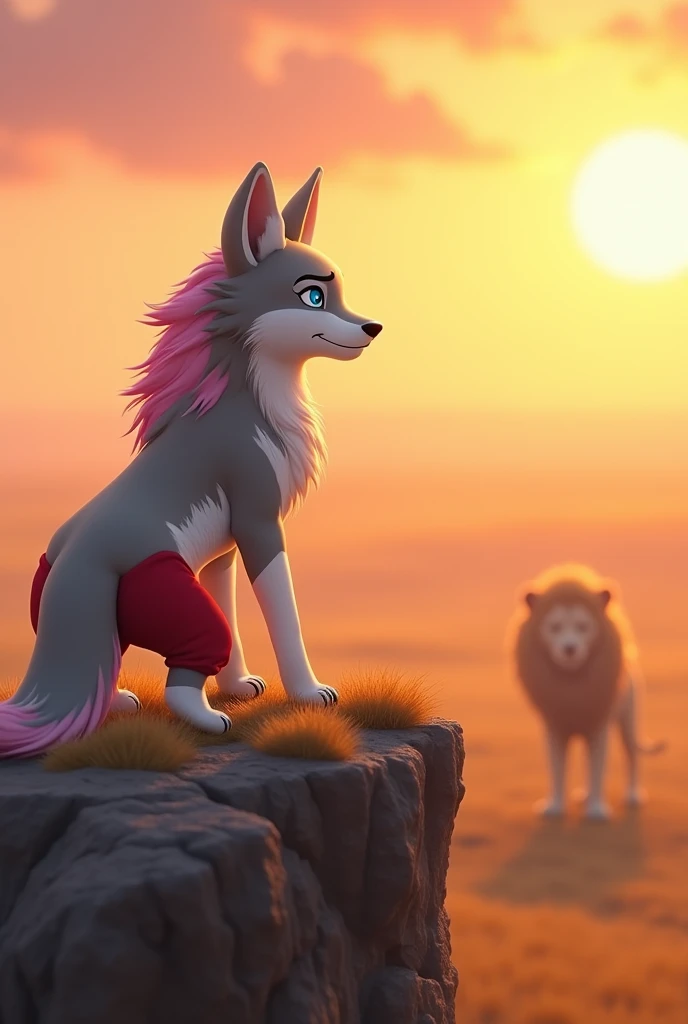 stand little wolf in name ranga . Eyes - blue , hair  - pink , red colour off  pant, body is white colour , 4k quality .   :: "A small, brave wolf stands on a rocky hilltop, overlooking a vast, golden savannah at dawn. The sky is painted with soft hues of ...