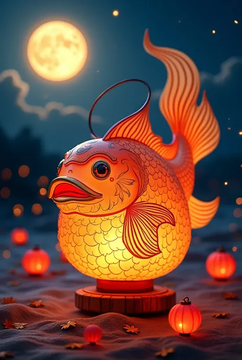 Design a carp lantern with a handle, The background is the Mid-Autumn Festival theme.