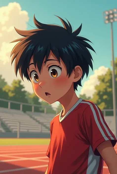 A  boy, medium height, with honey-colored eyes and black hair, who likes the sport of athletics. But one day he faints.

