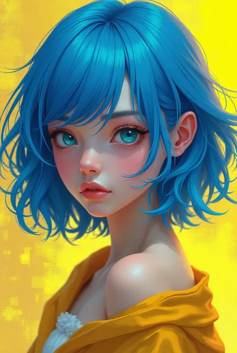 A girl with blue hair and a yellow pixelated background