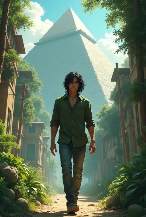 Young adult man with long black hair, green eyes, green shirt and jeans, Walk through a city among the forest with pyramids 