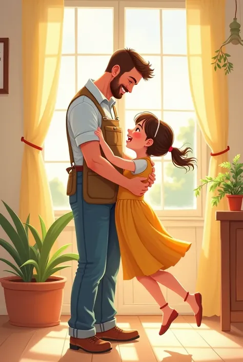 The father has returned home from work and his little daughter is running towards him and hugging him tightly and greeting him. This is an interesting picture suitable for children with a beautiful and interesting design.