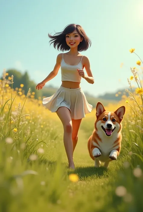 ((photorealism:1.2)), (((masterpiece))), 1 girl, ((30 year old average height girl of European appearance)), short dark bob hair, cute smile, ((short top)), small breasts, (( short skirt)), running through a summer field, a corgi running after a girl, a co...