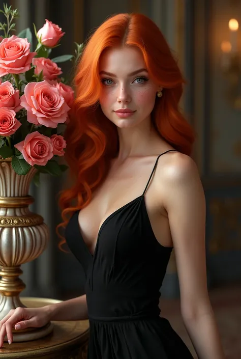 Realistic white woman with gray eyes and freckles on her face, orange hair, with a tight black dress, at a gala party, next to a beautiful vase with several roses