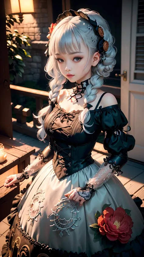 (ukiyoe painting:1.3),(3d animation:1.3),(((gothic lolita fashion:1.3)),(((lace off shoulder dress))),(((costume with intricate ...