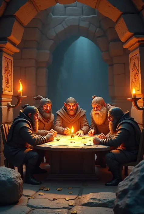 In cinematic 3d cartoon style"Deep beneath the temple, The scene reveals a stone room lit by torches, with bandits and the trusted villager seated around a rough-hewn wooden table. On the table lie maps, gold coins, and weapons."