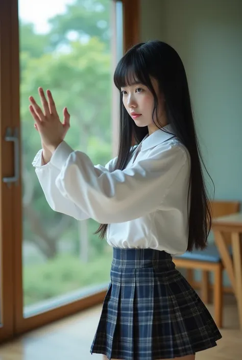 A Japanese high school girl with straight black hair is practicing kung fu. It&#39;s like a photo.。

The uniform is a lewd white shirt。(((Disproportionately large breasts、gigantic Breasts, massive cleavage)))

The skirt is dark in color with a navy blue an...