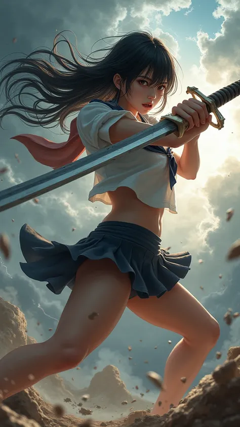 score_11, score_9_up, score_8_up, score_6_up, adult woman, (japanese schoolgirl uniform), underboob, nipples, ((skirt lifted by a wind draft)), ((see genital part no underwear)), big breasts, swirl of air all around her, sword in one hand, storm background...