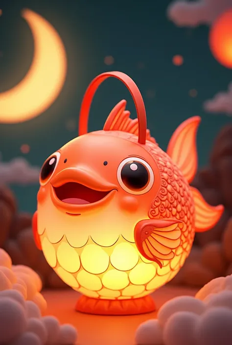 Design a cute carp lantern with a handle, The background is the Mid-Autumn Festival theme.