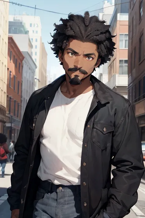 1 male, black skin, brown skin, black mustache, afro short hair, black man hair, man body, male body, manly body, old man face, elder look, brown long coat, long jean, city