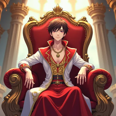 anime boy sitting on the throne, wearing red and white pince
attire, and wearing necklace with a pendant named "Chro", in a kingdom background