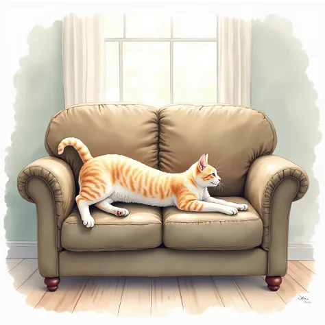 Cat stretching on the sofa,Watercolor