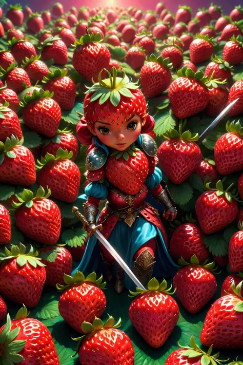 a horde of strawberries with swords on their backs,a strawberry queen leader,disney style,hyperrealistic,8k,highly detailed,vibrant colors,dramatic lighting,fantasy,whimsical,cute,adorable,surreal