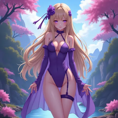 One girl, anime, Blonde, Very long hair, Purple eyes, Large Breasts, Textured skin, Accurate hands，Very detailed, masterpiece, Full body image，Purple high leg leotard，Garter belt，Purple High Heels，Purple Veil，Face masks，Fantastic landscape，The river flows，