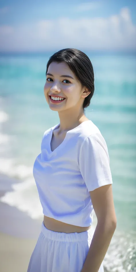 masterpiece, Ultra High Quality,16k, cinematic lighting, intricate composition, face focus, 1girl,araffe woman in white shirt posing on beach with blue water, wearing white v - neck top, full length shot, clothed in white shirt, dressed in a white t shirt,...