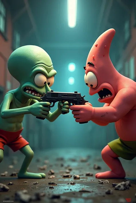 Squidward and parrick furius with pistol killer