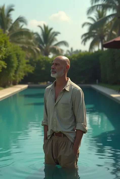 a bald white man without earrings with a thin beard at the edge of the pool 2 clothes