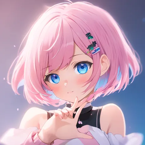 anime girl with short pink hair and blue eyes posing for a photo, anime style. 8k, created by anime painter studio, anime styled...