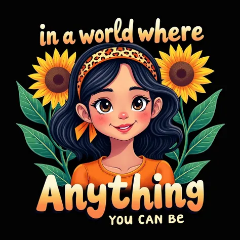 black background,realistic playful 70s-inspired psychedelic,typography design featuring a portrait of a latina girl is hold a bunch,wear headband with pattern with various small orange awareness ribbon.placed the text In a world where you can be anything
 ...