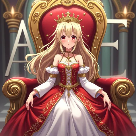 anime girl sitting on the throne, wearing red and white pincess
attire, and wearing necklace with a pendant named "Ame", in a kingdom background, and theres a letters "AME" in her background