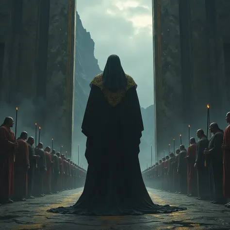 "Hades of mitolofy greek, in a black robe with golden accents, stands before the gates of judgment, his expression cold but fair, surrounded by solemn souls waiting for their fate, the underworlds dark mountains and misty rivers in the background, medium s...