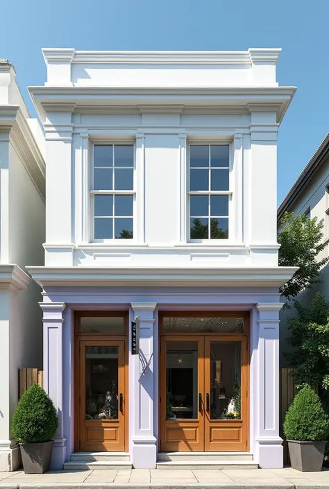 neoclassical style house in white, light purple-blue 1st floor, gentle cornice, sign, wooden-framed door combined with glass, 1st floor resembles French shop architecture

