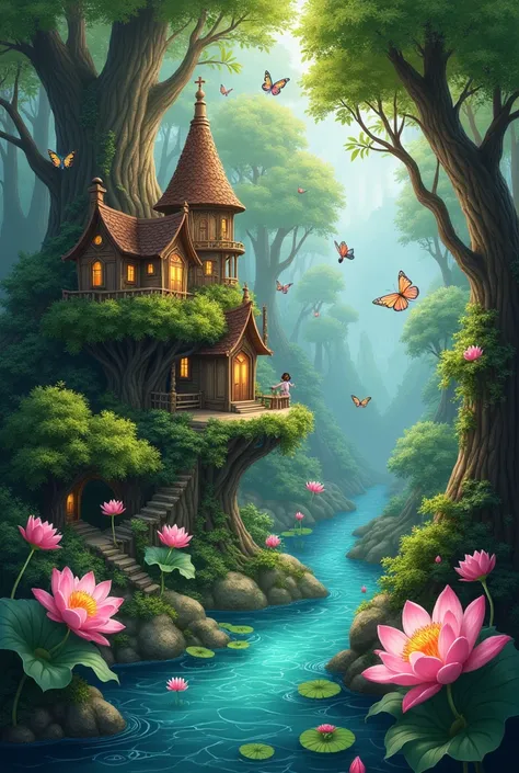 A village with houses built on trees with colorful butterflies flying everywhere below is a blue river full of lotus flowers.