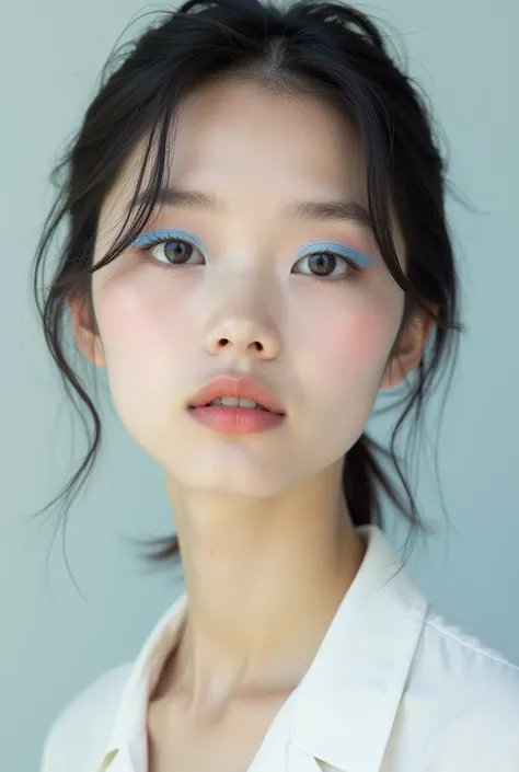 Create a person using a light blue eye shadow in a minimalist way
