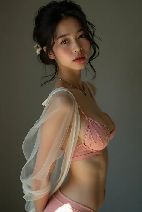 asian lady (She is put her hands behidn, reveal her pink bra), necklace, small breast, rounded shape breast, covered shirt((she)), ((mid-shot, full body, slender waist)), Hair Up Do、 Glowing eyes, nose blush, Carl Larsson, Alfonse Mucha, Chiaroscuro, Film ...