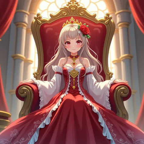 anime girl sitting on the throne, wearing red and white pincess
attire, and wearing necklace with a pendant named "Ame", in a kingdom background, and theres a letters "AME" on her throne