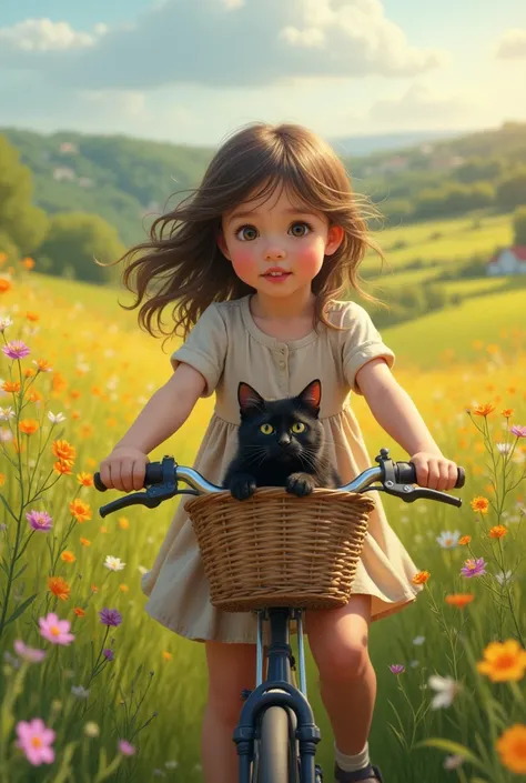 A girl riding a bicycle in a spring meadow, a black cat in the bicycle basket, detailed girls face, realistic, photorealistic, 8k, masterpiece, vibrant colors, warm afternoon lighting, lush flowers blooming, serene countryside scene, beautiful detailed eye...