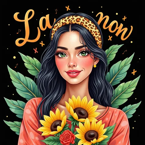 black background,realistic playful 70s-inspired psychedelic,typography design featuring a portrait of a latina woman is hold a bunch,wear headband with pattern with various small orange awareness ribbon.placed the text In a world where you can be anything
...