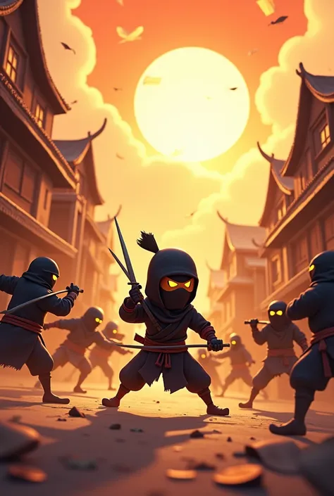 In cinematic 3d cartoon style"The final battle begins as the bandits, led by their masked leader, charge toward the village. The villagers, under the ninjas command, are prepared. The scene shows intense action: arrows flying through the air, villagers def...