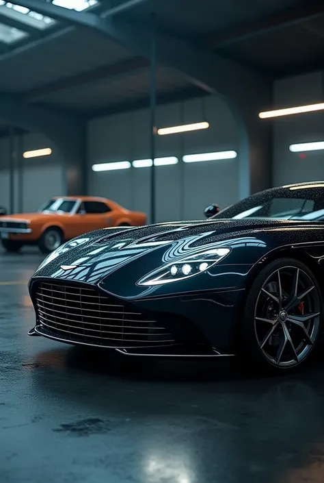 a very sexy sparkling Aston Martin, luxury sports car, high quality 3D render, photorealistic, detailed engine, reflective glossy paint, chrome accents, dynamic composition, dramatic lighting, cinematic angle, stunning design, powerful performance