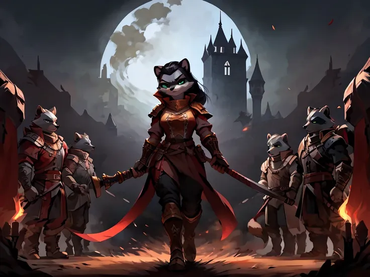 full body, battle ground background、full moon, A female raccoon, custom armor, night, medieval castle, very detailed, masterpiece, ultra resolution, perfect quality ,vivid colors,determined expression, strong shadows,majestic, dark atmosphere, green eyes, ...