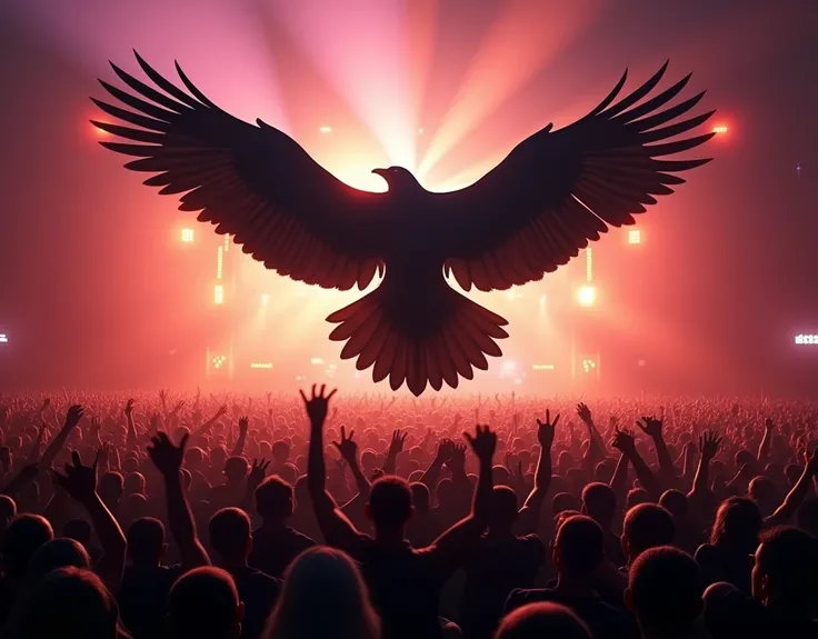 a black bird flying over a large crowd at a music concert, detailed feathers, dramatic lighting, cinematic shot, vibrant colors, atmospheric, photorealistic, professional photography, 8k, best quality