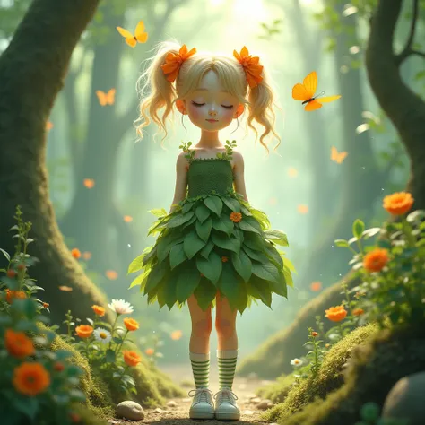 a dreamy and magical scene featuring a natural-style young Korean woman standing in an enchanted forest. the Korean woman had messy blonde hair styled into two messy pigtails, each tied with a large orange ribbon that glistened with dew. She wore a delicat...