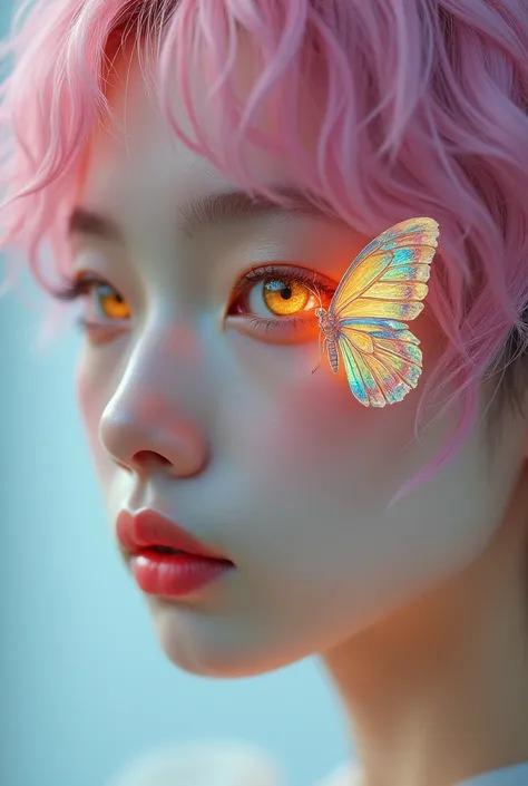 Portrait of an Asian guy with pastel pink hair and golden eyes. On the right eye is a butterfly with Galaxy colored wings.