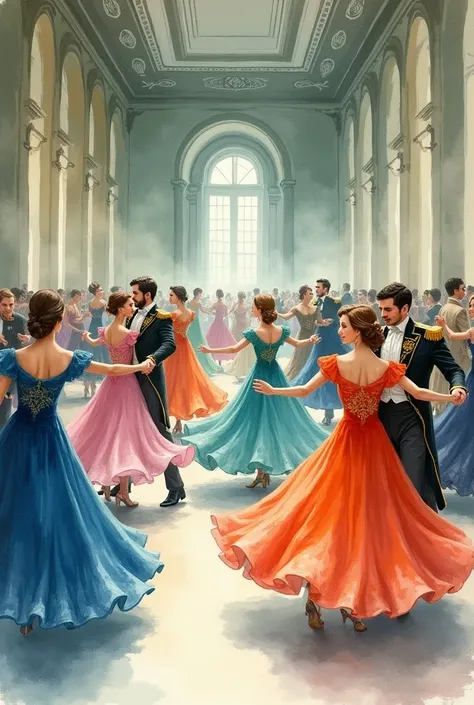 Watercolor painting of a ball in Sberbank, taking place against the background of a luxurious palace. The room is decorated in gray-green tones, creating an elegant and restrained atmosphere. Couples are dancing in the background: girls in lush ball gowns,...