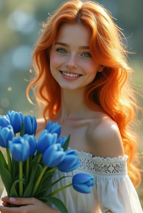 Beautiful girl with long wavy orange hair, blue eyes, bohemian dress. She is smiling while holding a bouquet of blue tulips.