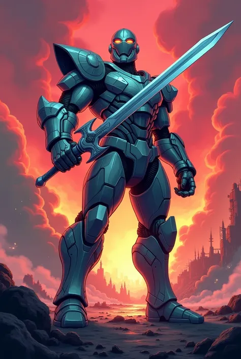 Cartoon image of a warrior in Titan armor with his sword against a war background 