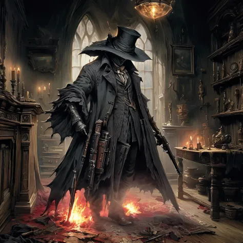 Best Quality, masterpiece, Ultra-high resolution, (Photo Real:1.4), Surrealism, Bloodborne,Repairing a gun