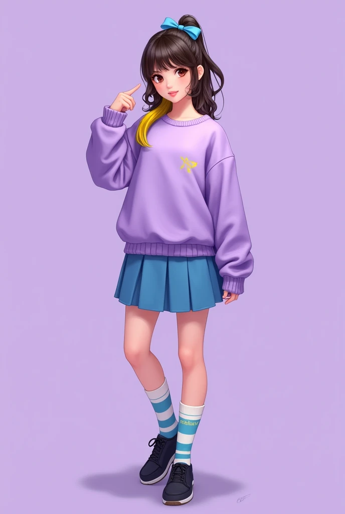 A brunette teenage girl with a ponytail and a yellow-dyed strand of bangs, wearing a pastel purple sweatshirt, striped long socks, black shoes,  blue skirt and a blue bow in her hair, and a purple background behind her 