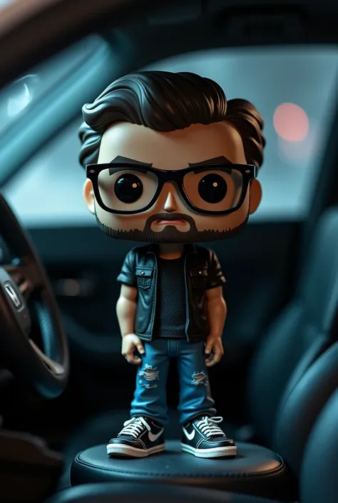 Create funko pop man, glasses, Black shirt, blue pants, scratched, Nike tennis shoes black and white, recharged in honda civic 2004, luxury rims, color gris, night background 