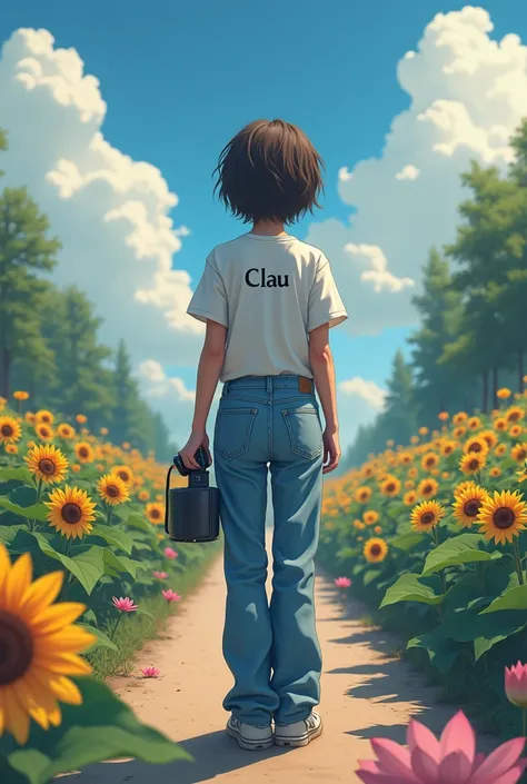 

generates a photo of a girl from behind with short hair on a road, May the road have sunflowers and lotus flowers and many clouds, that has a camera in hand and a laptop  , Also, her clothes should be mom jeans and a white t-shirt and on the t-shirt she ...