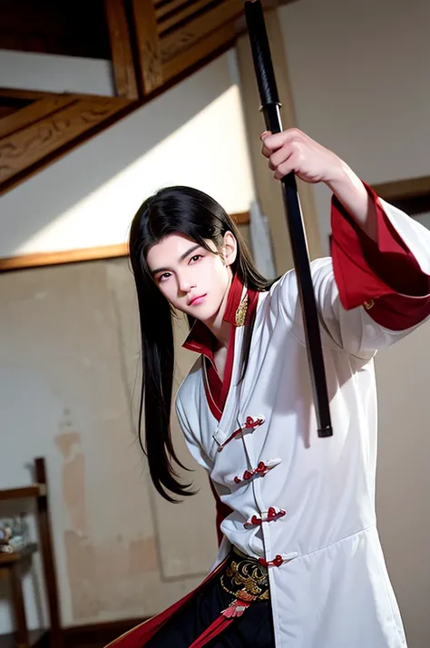 Handsome guy wearing a white jacket or t-shirt , Black hair, Long hair, Red eyes, 30 years old, Holding a sword in one hand, fight, In a fighting position, background: Inside an ancient Chinese house, a masterpiece, Beautifully drawn eyes, Well drawn face,...