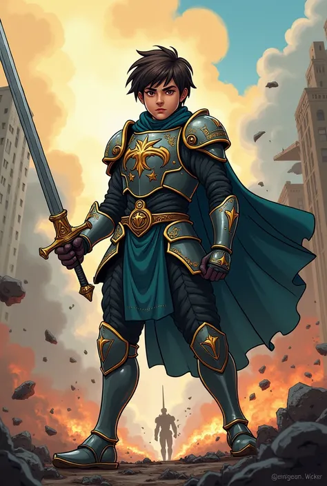 Cartoon image of a young human warrior in Titans armor with his sword against a war background 