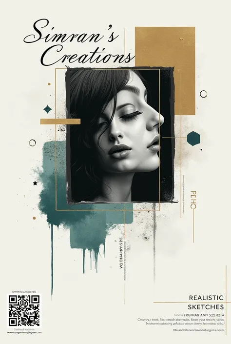 Title: Simrans Creations
Theme/Style: Minimalist, black/white/gray with bold accents (gold/teal).
Font: Elegant for the title, simple for details.
Content: Showcase a collage or single picture convert to sketch as the focal point.
Tagline:Realistic Sketche...